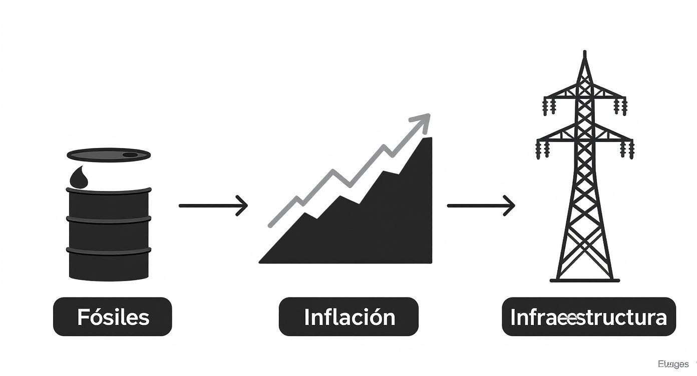 Diagrama ilustrando la relación entre fósiles, inflación y costos de infraestructura energética.