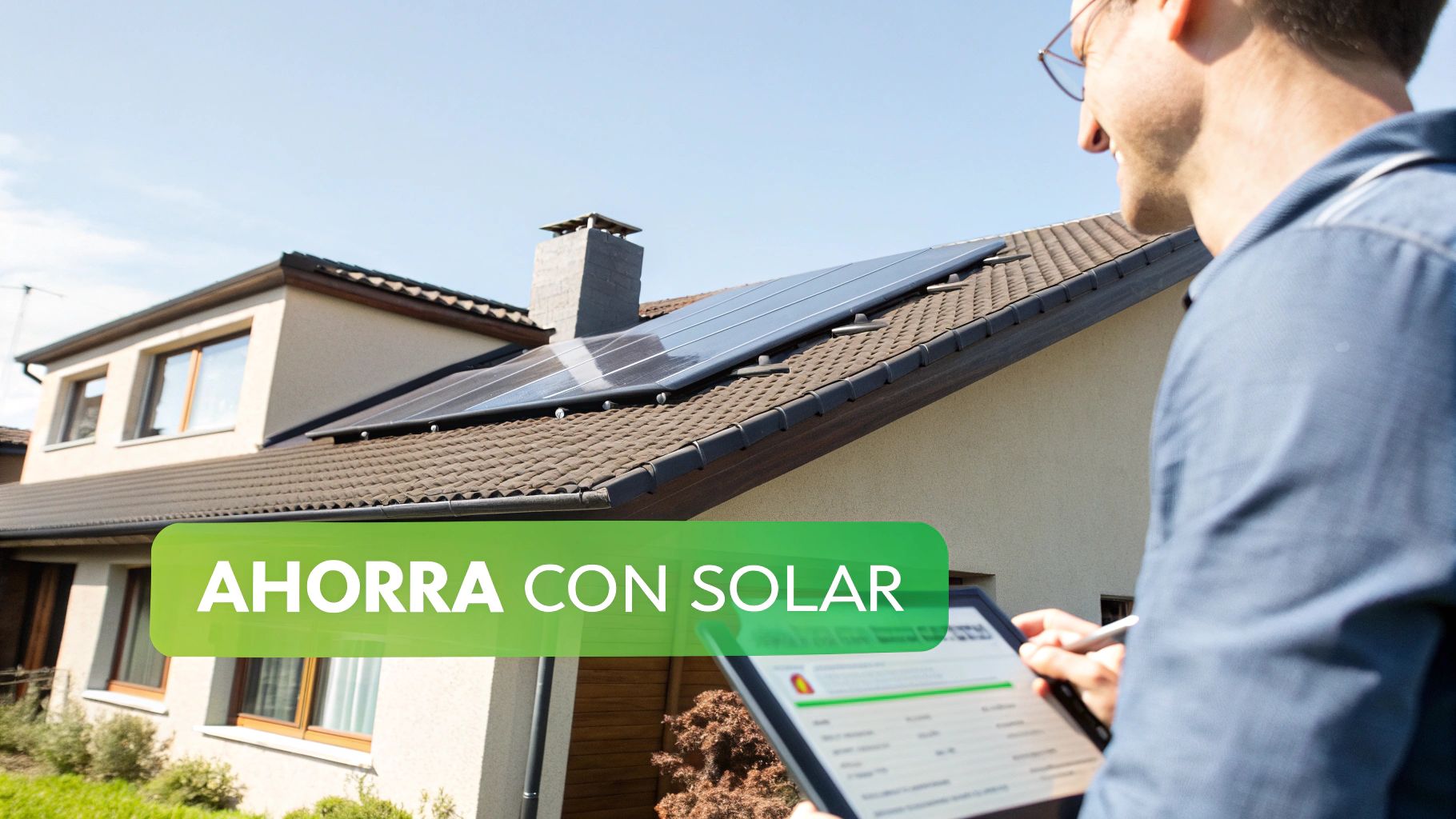 Un hombre sonríe y mira una tablet frente a una casa con paneles solares, promoviendo el ahorro energético.