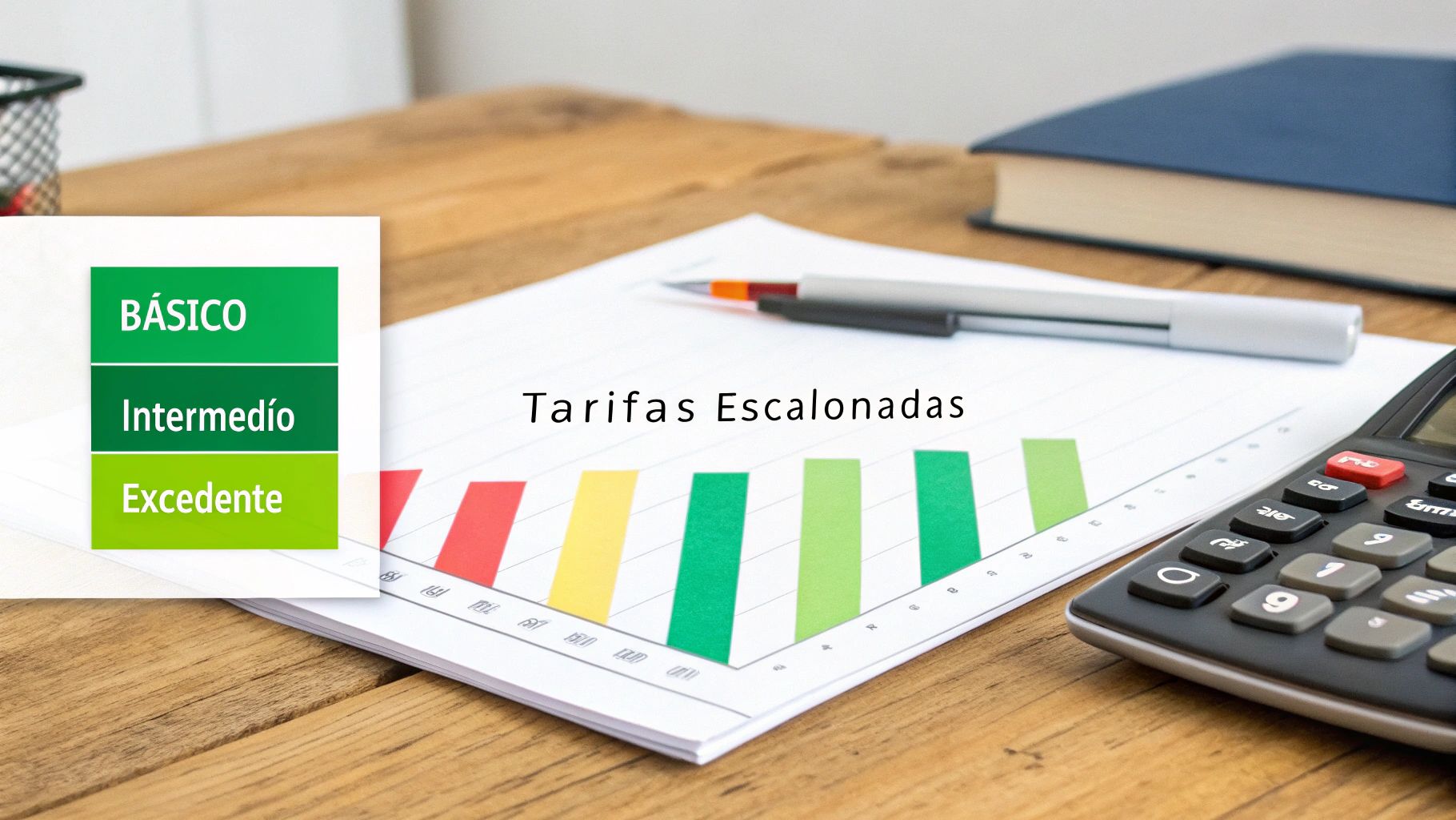 Gráfico de barras ilustrando tarifas escalonadas (BÁSICO, Intermedio, Excedente) junto a una calculadora y un lápiz sobre un escritorio.