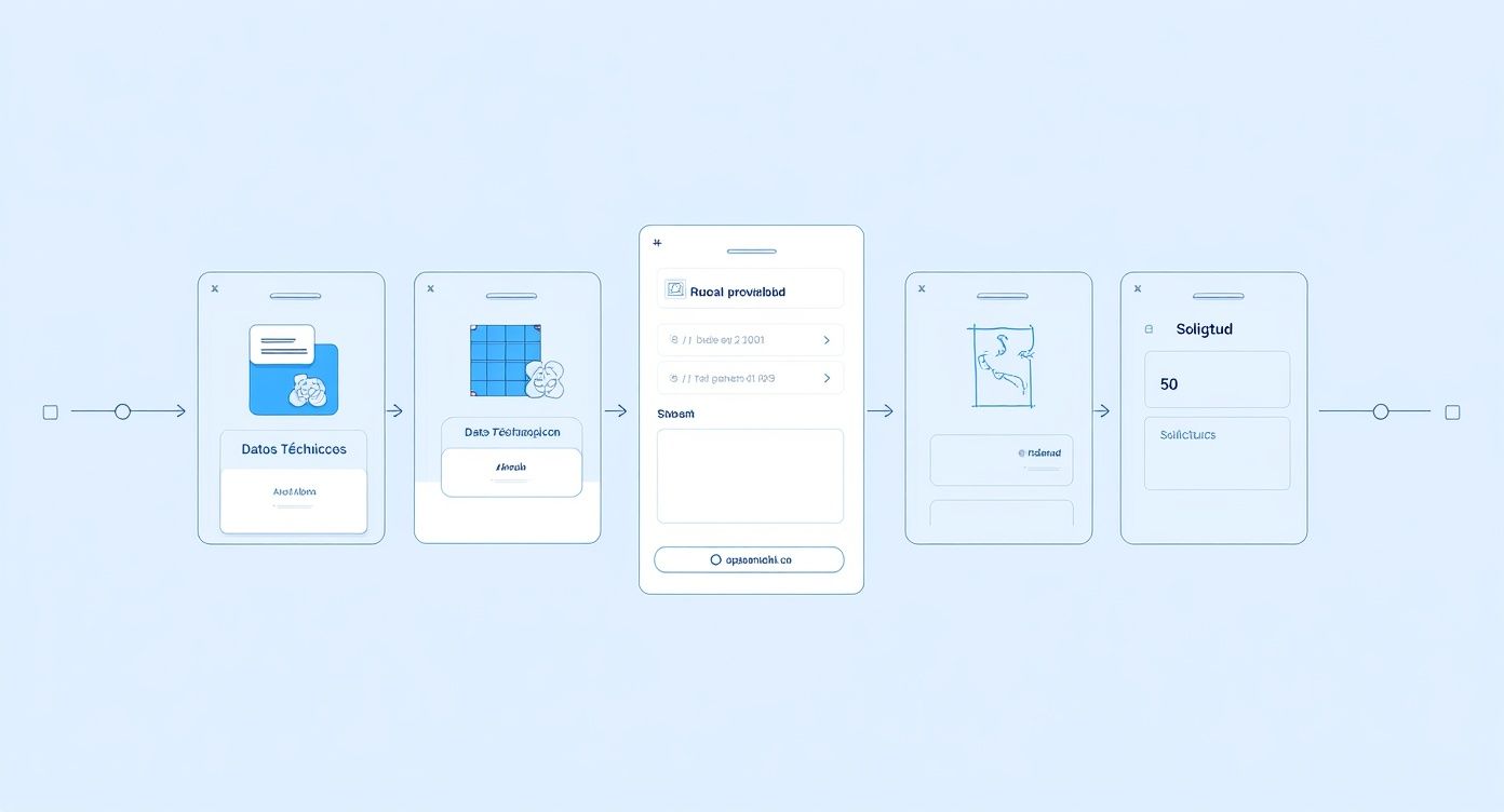 Flujo de proceso digital con pantallas de smartphone mostrando entrada de datos y solicitudes de CFE.