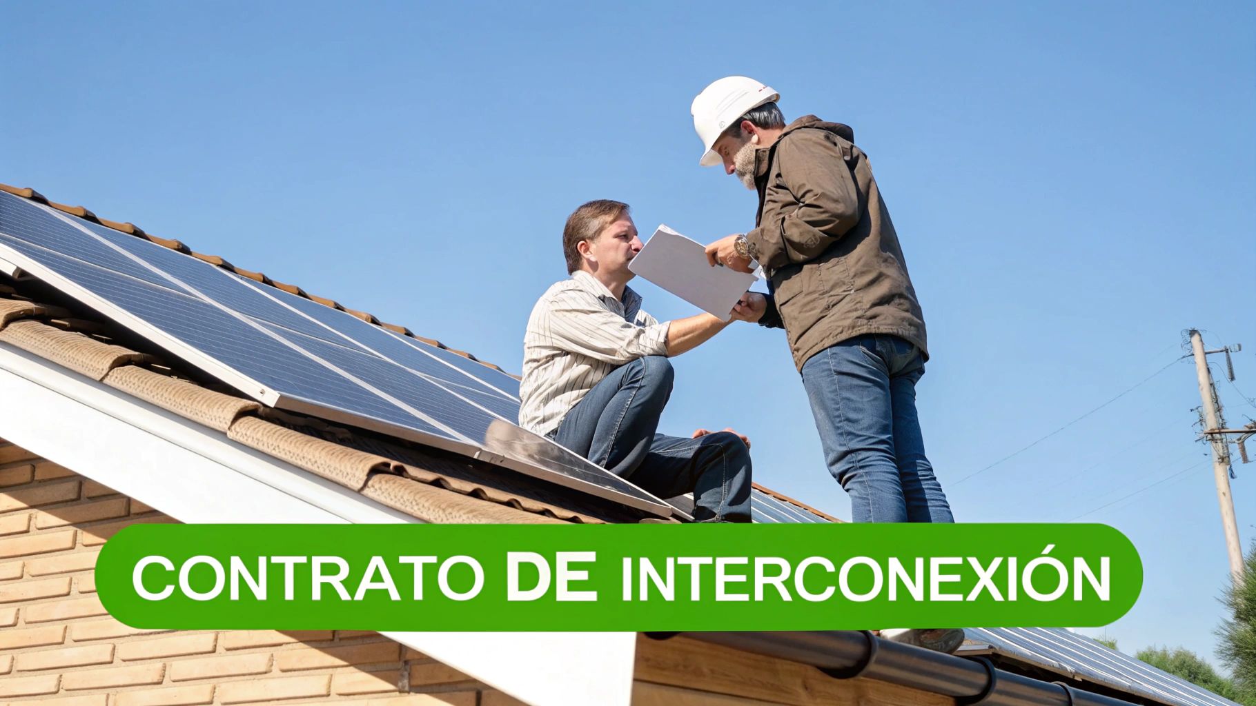 Hombres en un techo con paneles solares revisando un contrato de interconexión para energía renovable.