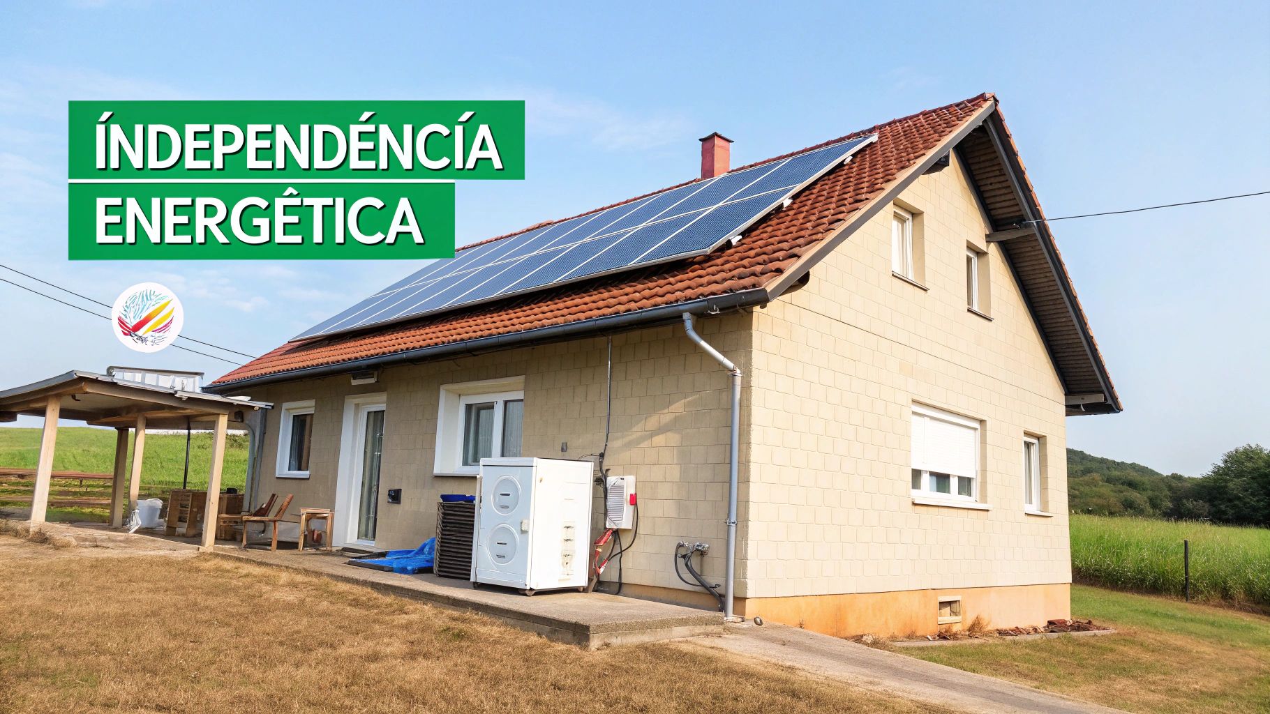Casa con paneles solares en el tejado y bomba de calor, simbolizando la independencia energética.