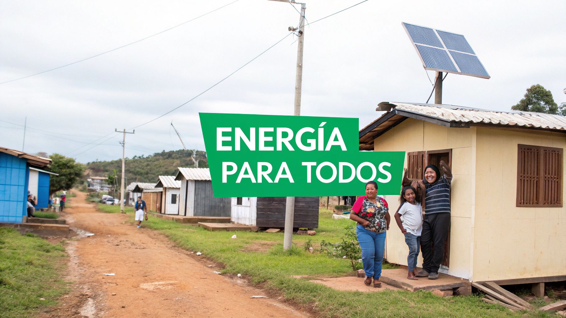 Familia sonríe frente a su casa con panel solar y el lema "ENERGÍA PARA TODOS" en una comunidad rural.