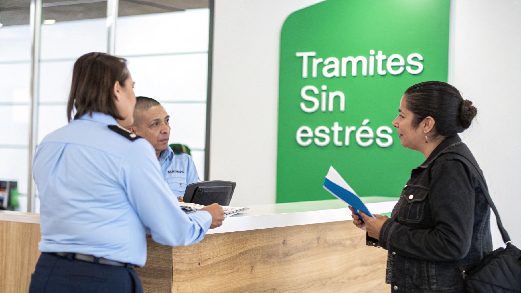 Personal de CFE atiende a una clienta en el mostrador, con el letrero 'Trámites Sin Estrés' visible.