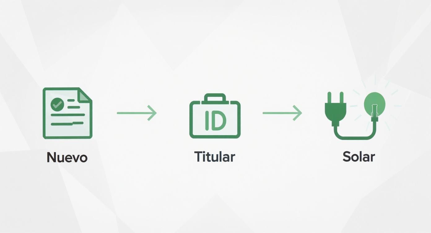 Proceso visual de registro para un servicio de energía solar: nuevo documento, titular con ID, y conexión solar.