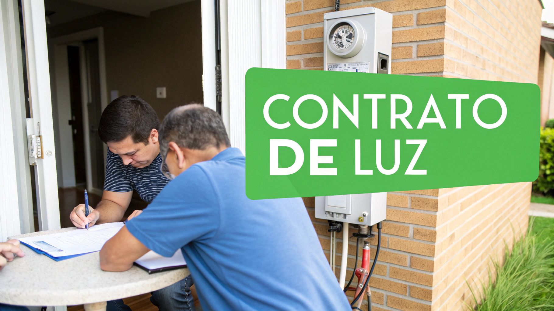 Hombre firmando un contrato de luz con otro hombre, cerca de un medidor eléctrico.