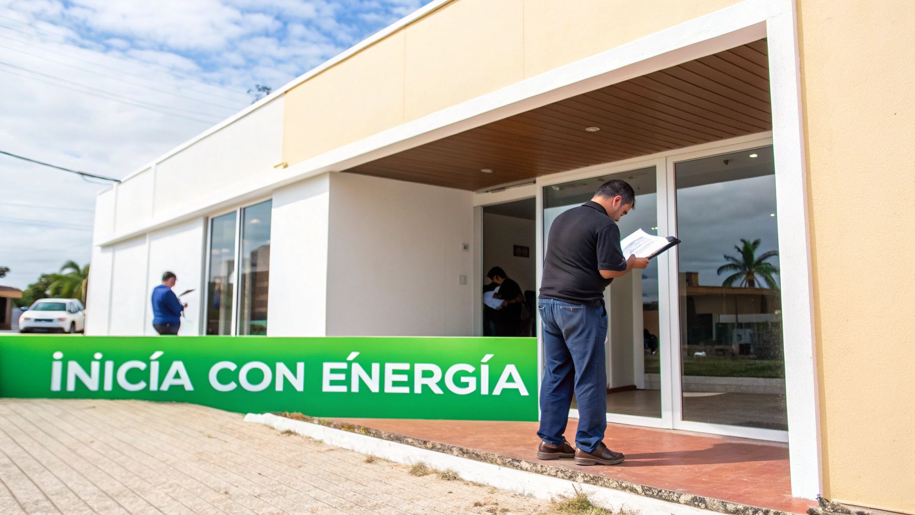 Hombre consultando documentos en la entrada de un edificio moderno con el letrero "¡INICIA CON ENERGÍA!".