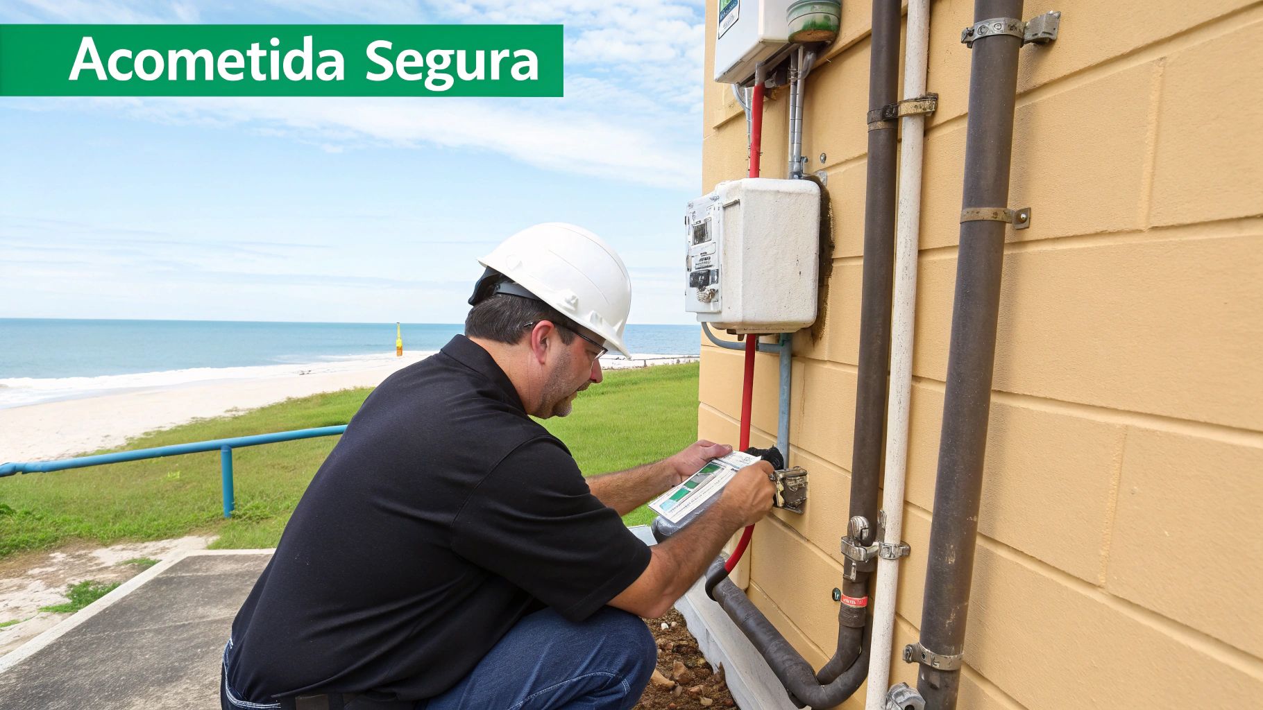 Trabajador inspecciona conexiones de gas o electricidad en una casa junto a la playa.