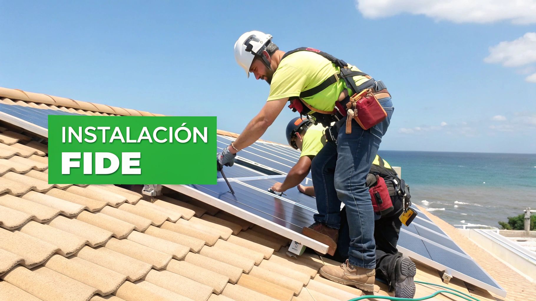 Dos instaladores profesionales montando paneles solares en un tejado con vista al mar. Texto: INSTALACIÓN FIDE.
