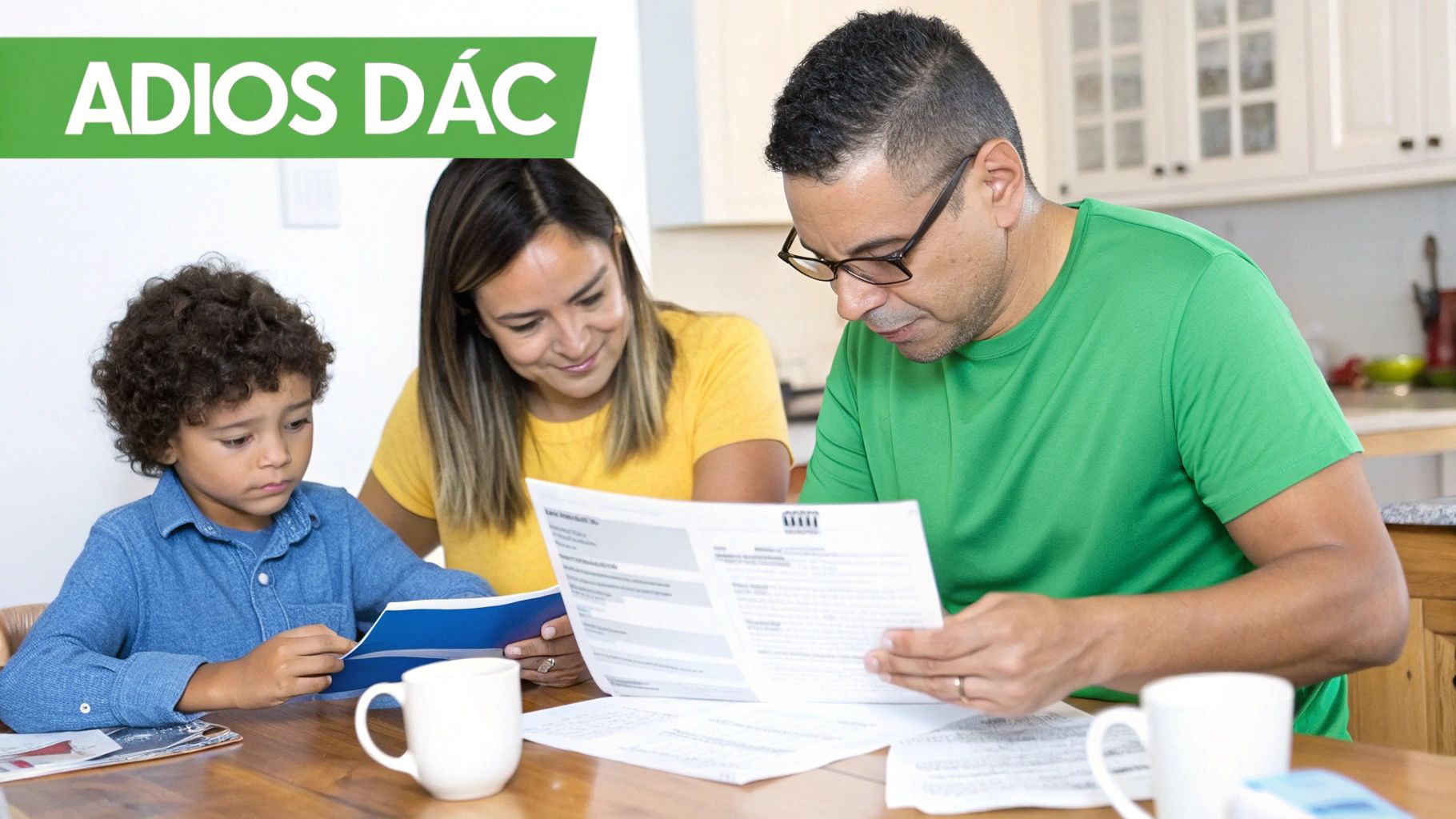 Familia latina en una mesa revisando documentos y papeles, con el texto "ADIOS DÁC".