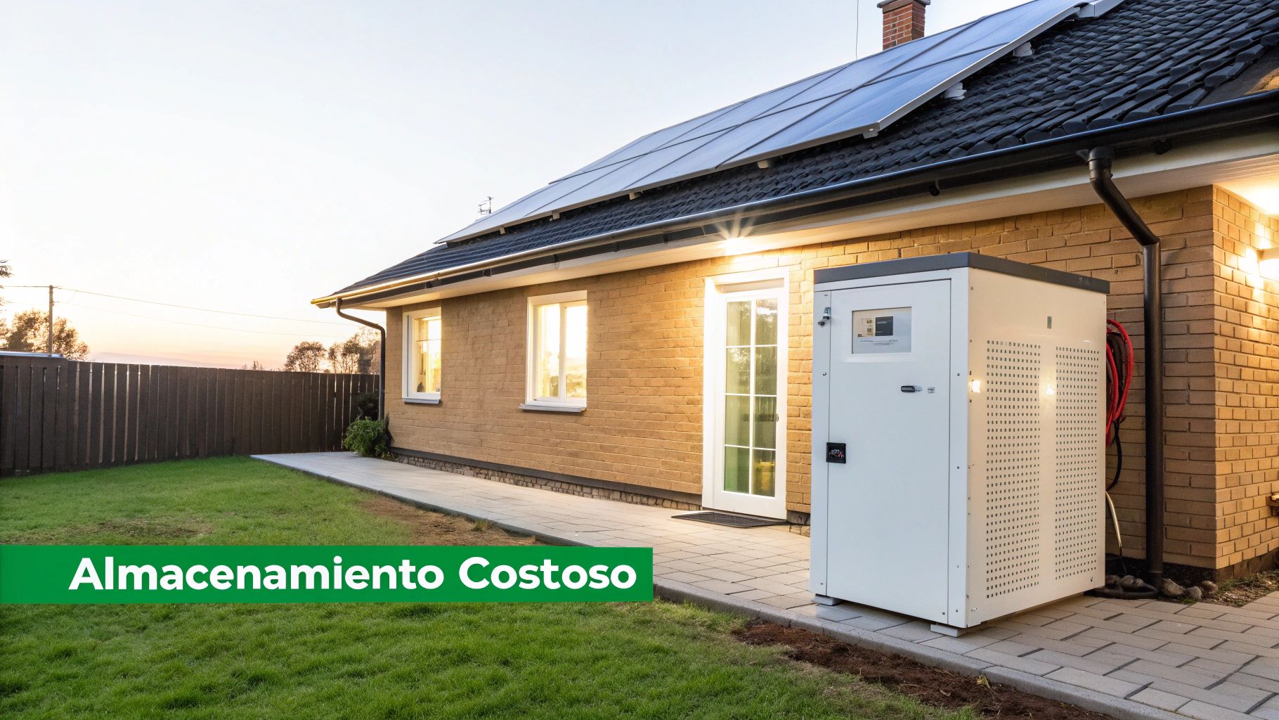 Casa con paneles solares en el tejado y un sistema de almacenamiento de energía exterior, con césped y valla.