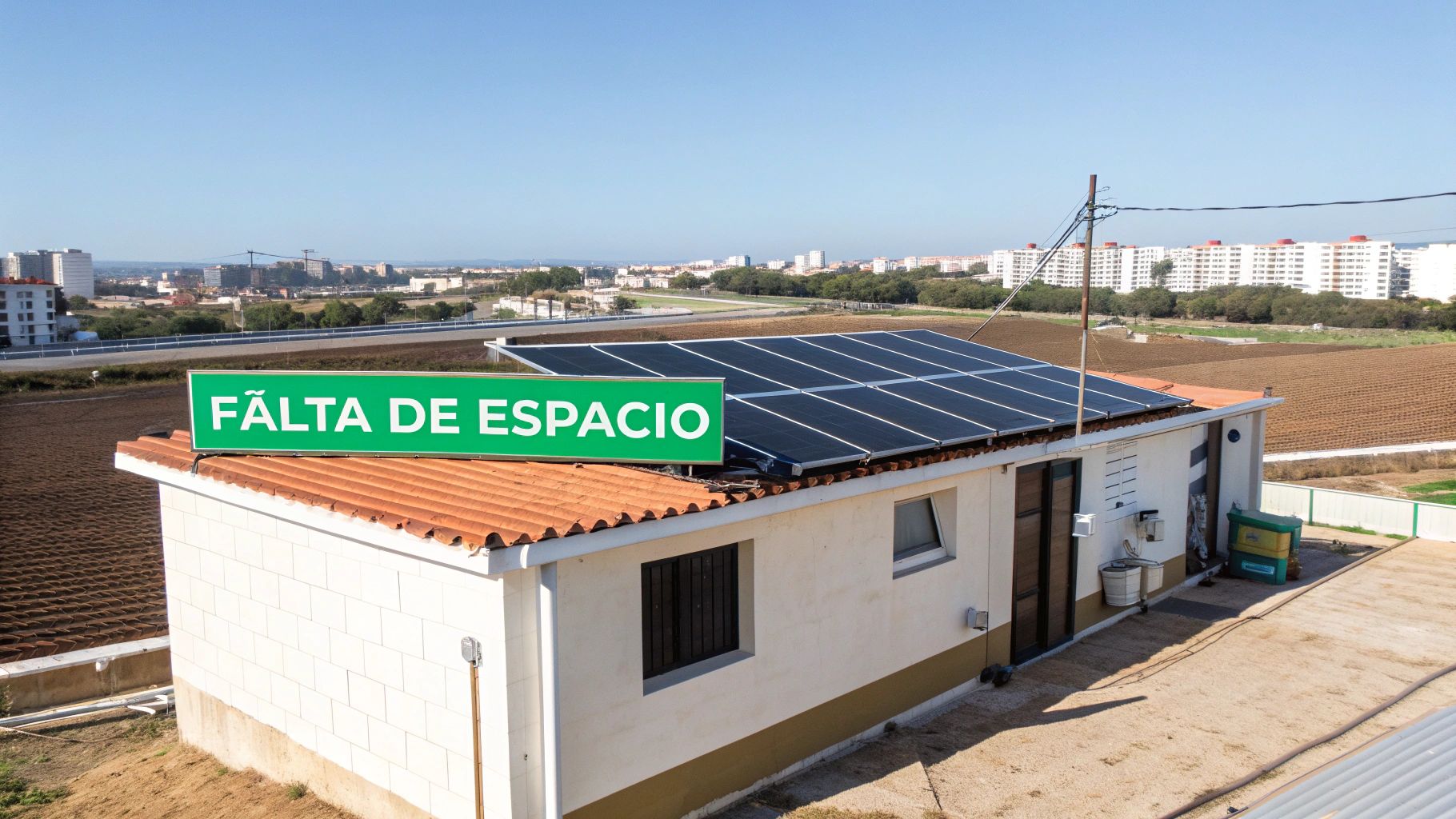 Paneles solares en el tejado de una casa con un cartel que indica "FALTA DE ESPACIO" y un paisaje urbano de fondo.