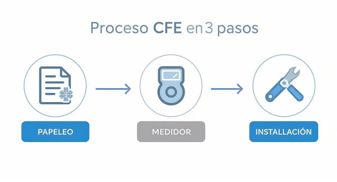 Infografía que describe el proceso de CFE en tres pasos: papeleo, medidor e instalación.