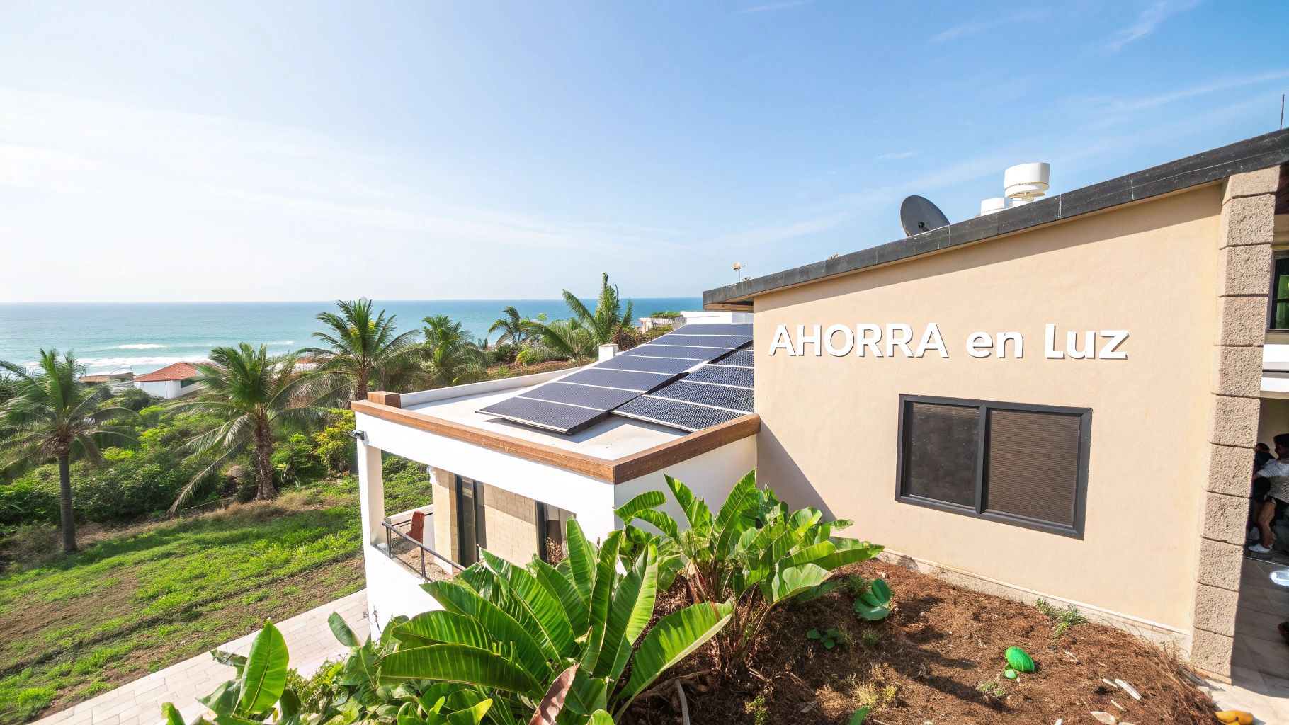 Casa moderna con paneles solares y vista al mar, promoviendo el ahorro de luz.
