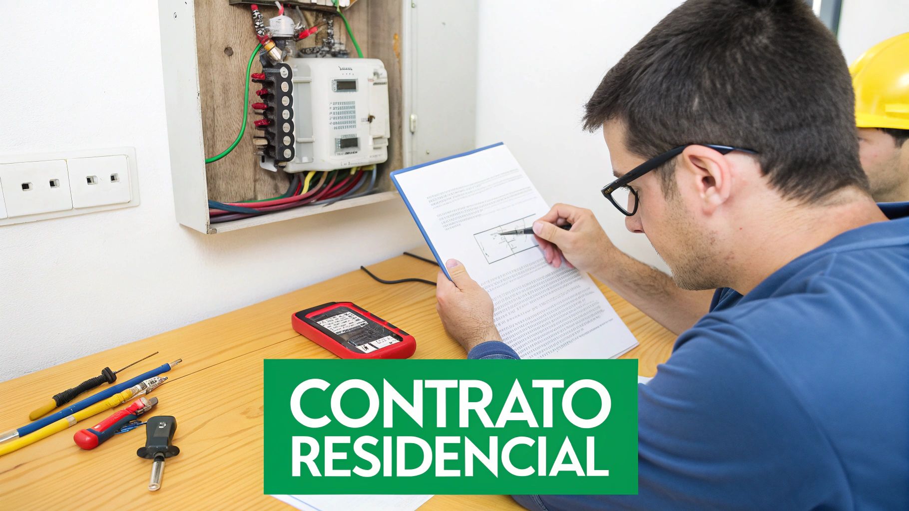 Electricista revisando contrato residencial de luz con herramientas y panel eléctrico en mesa.