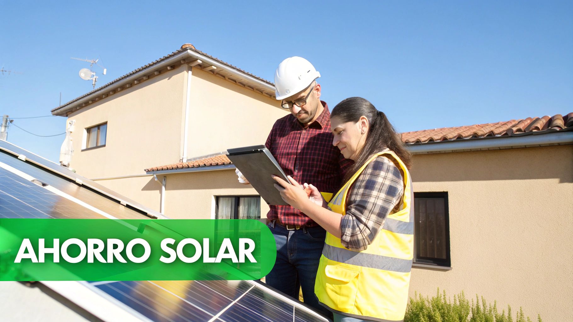 Dos técnicos revisan paneles solares en el tejado de una casa, simbolizando ahorro de energía.