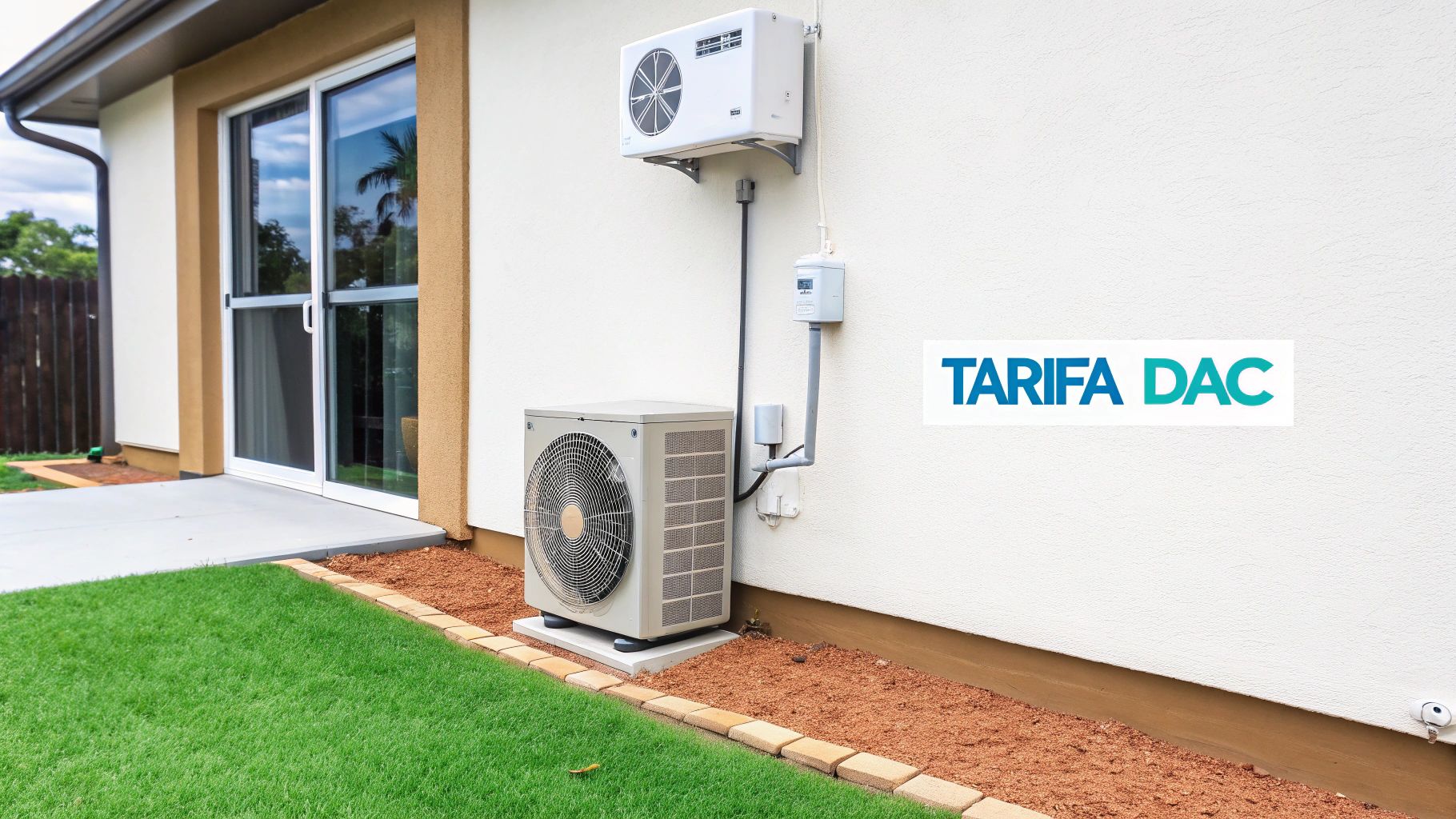 Unidades de aire acondicionado exteriores e interiores en una casa blanca, junto a un jardín verde. Con el logo Tarifa DAC.