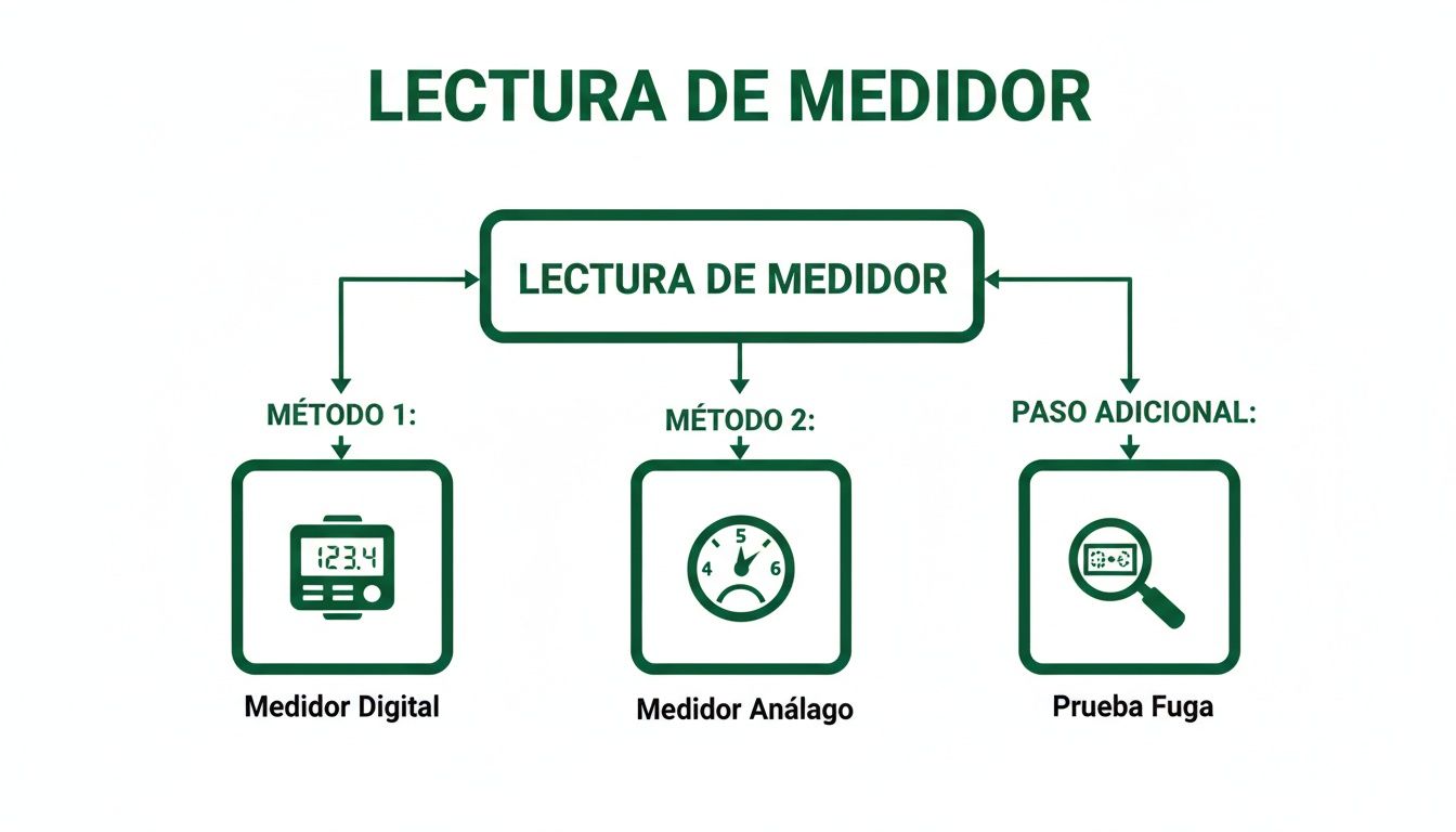 Diagrama de flujo que explica los métodos de lectura de medidor digital, analógico y cómo realizar una prueba de fuga.