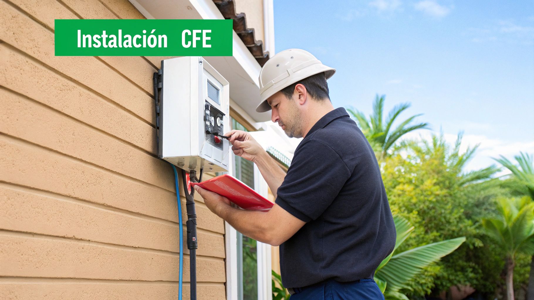 Técnico de CFE con casco blanco realiza una instalación o revisión en el medidor de luz de una vivienda.