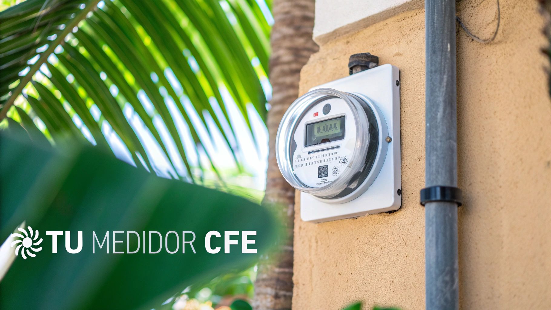 Medidor de luz digital CFE en pared exterior de textura beige con follaje verde y texto 'TU MEDIDOR CFE'.