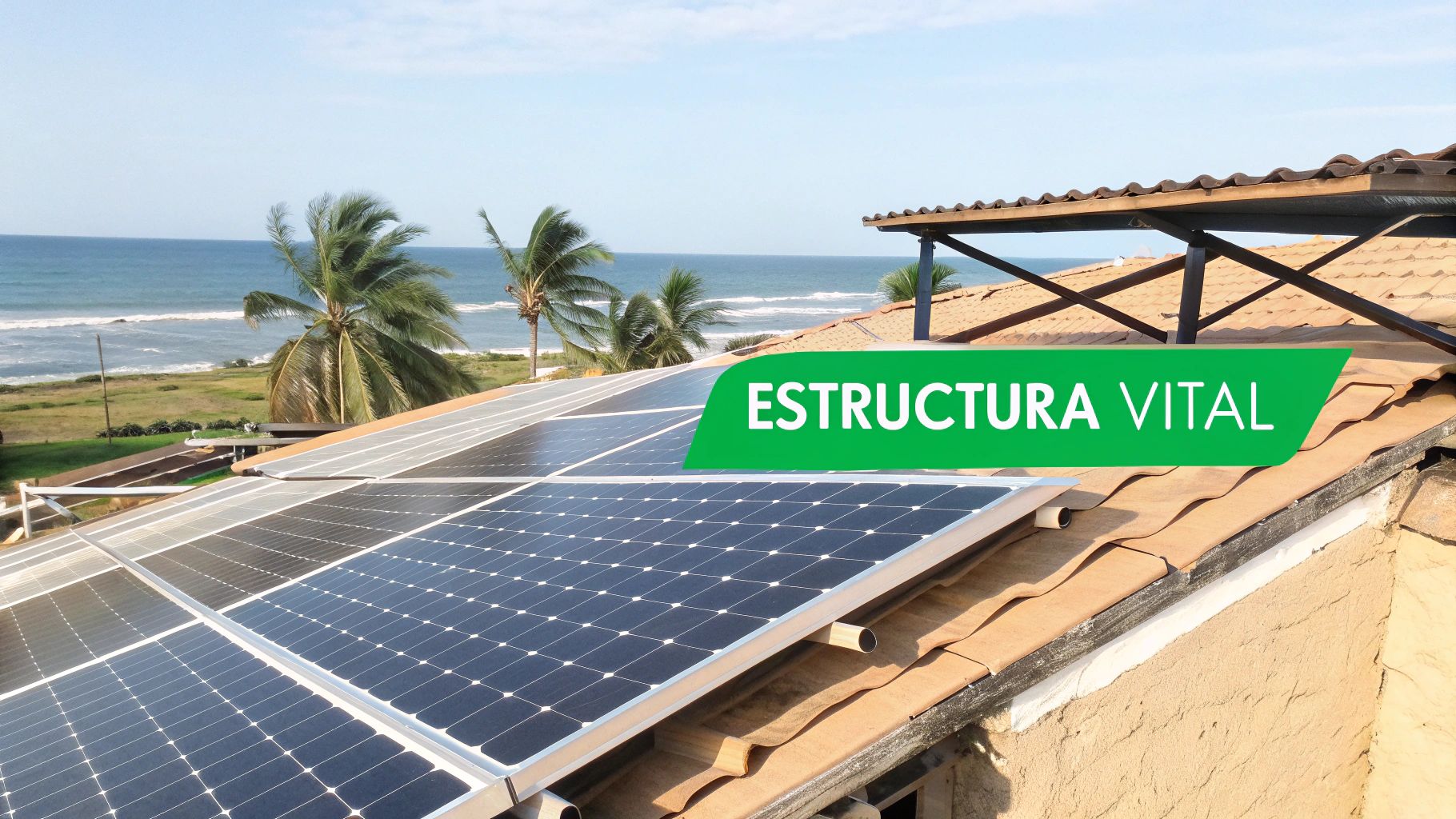 Paneles solares en un tejado de tejas con el océano, palmeras y el texto 'ESTRUCTURA VITAL'.