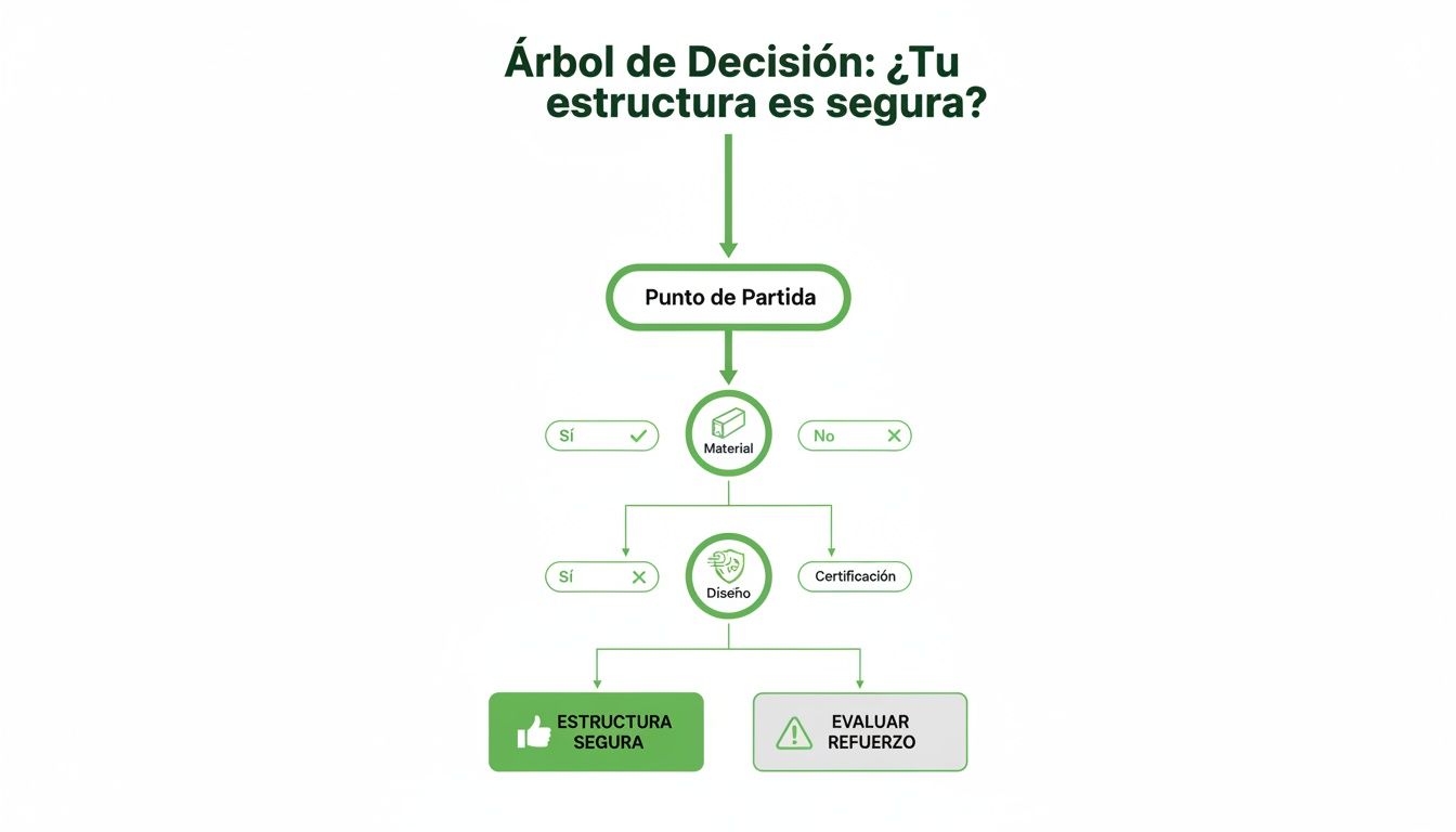 Diagrama de flujo que evalúa la seguridad estructural basada en material y diseño, con resultados de estructura segura o refuerzo necesario.