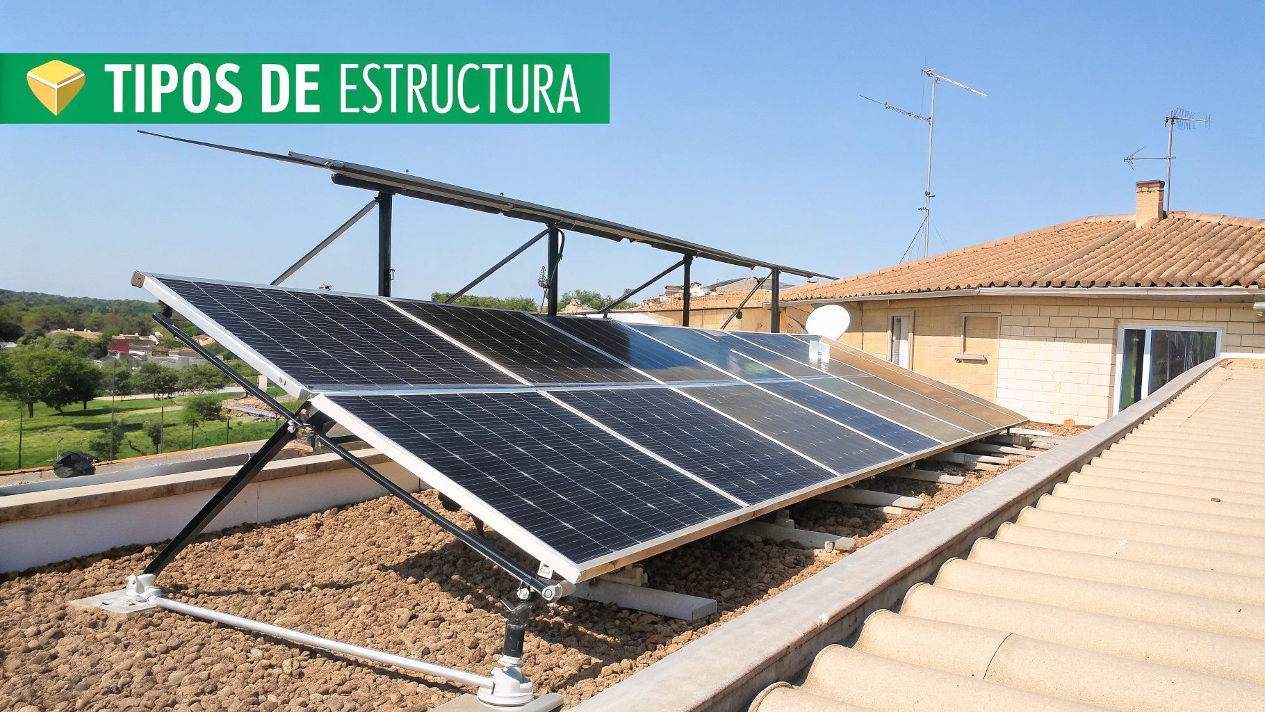 Paneles solares con estructura de soporte instalados en un tejado plano de grava, con una casa al fondo y un cielo despejado. Título: Tipos de Estructura.