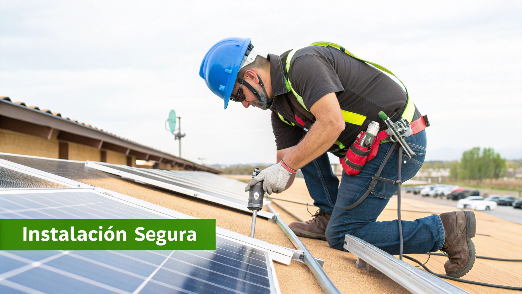 Instalador con casco y arnés de seguridad montando paneles solares en un tejado, enfocándose en la instalación segura de energía.