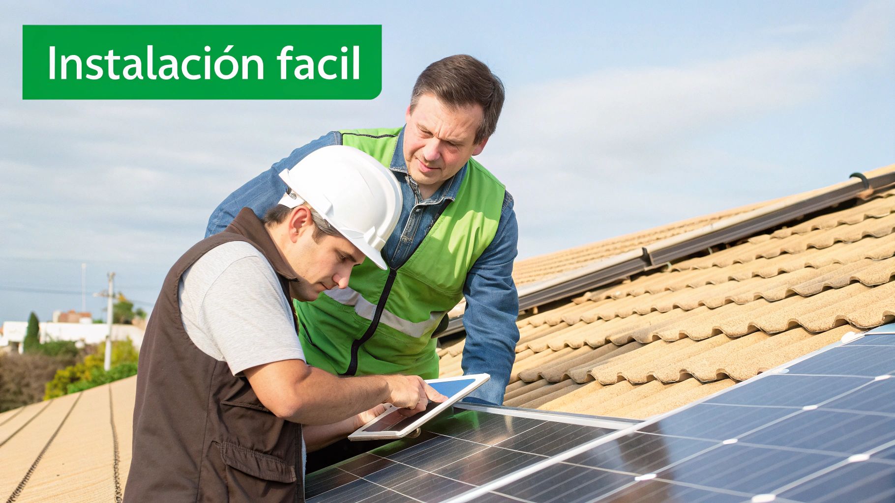 Dos hombres instalando paneles solares en un techo, uno con casco usando una tableta. Instalación fácil.