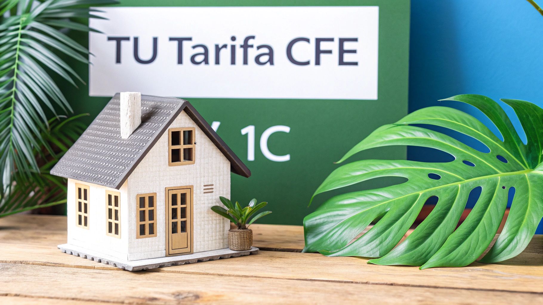 Miniatura de casa con el letrero 'TU Tarifa CFE 1C' y plantas verdes en un escritorio de madera.