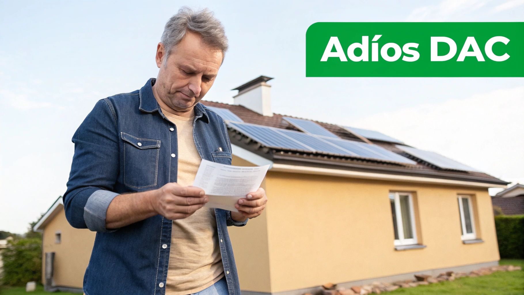 Hombre de mediana edad leyendo un documento frente a una casa con paneles solares y el cielo azul, con un banner que dice 'Adiós DAC'.