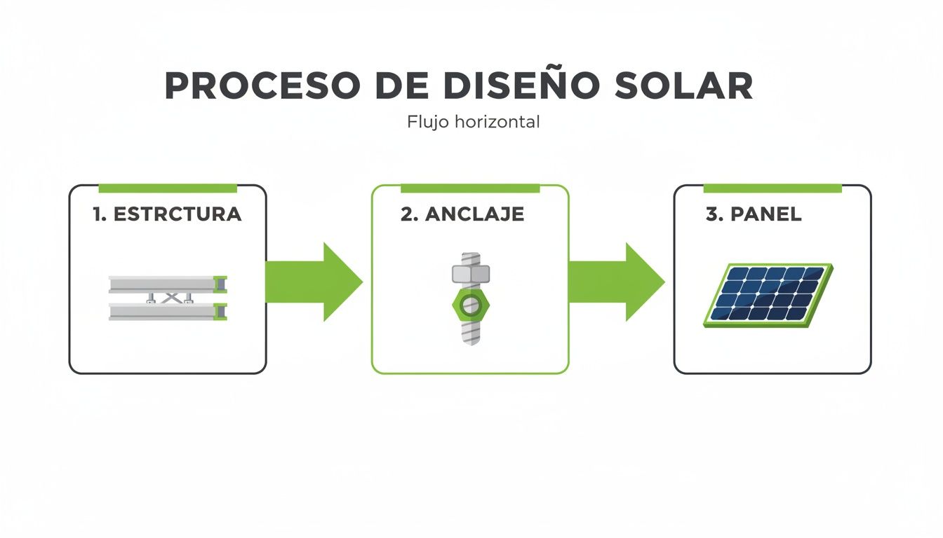 Diagrama del proceso de diseño solar, mostrando los pasos de estructura, anclaje y panel fotovoltaico.