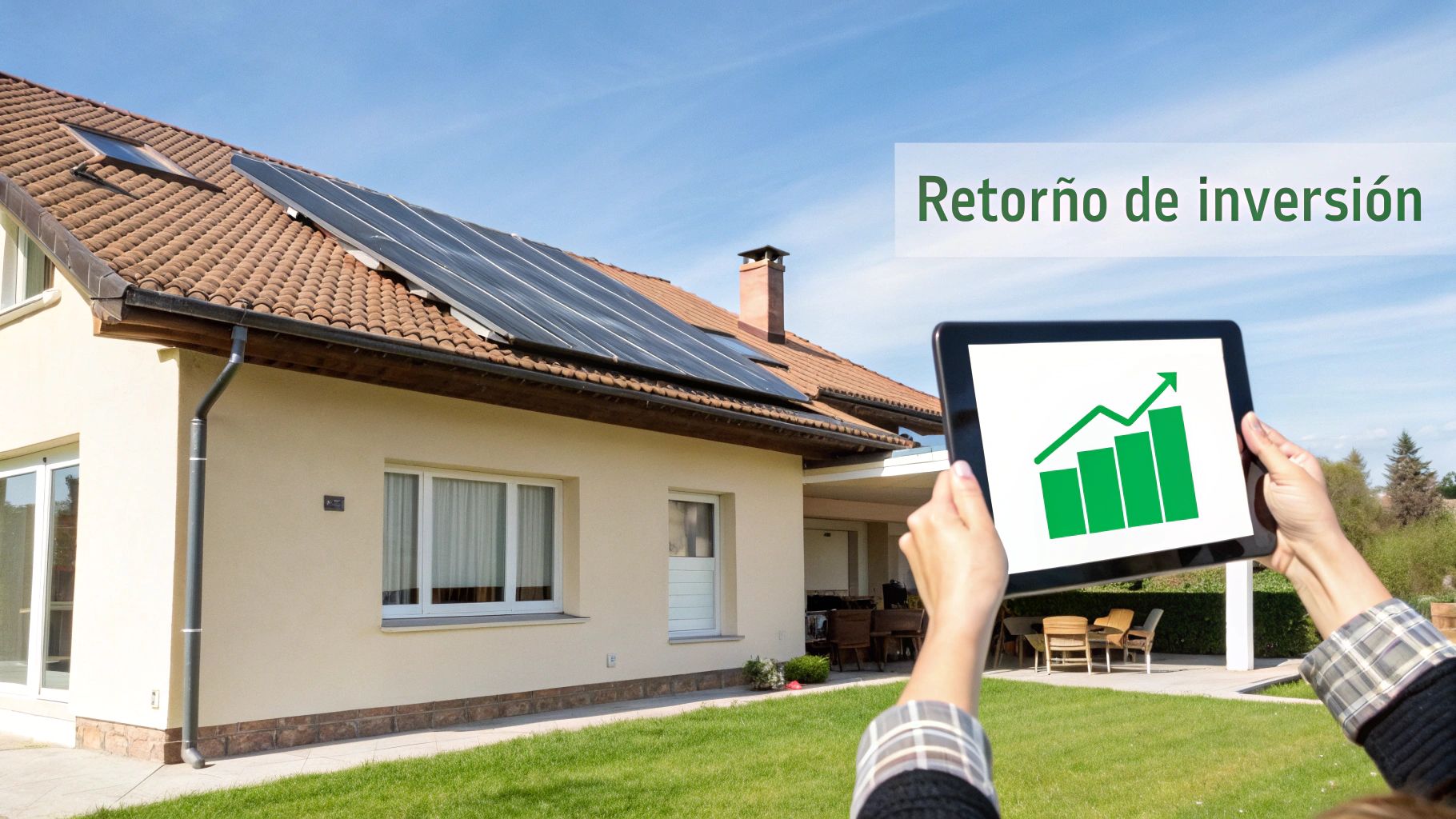 Casa moderna con paneles solares en el tejado, una persona muestra en una tablet un gráfico de crecimiento, simbolizando el retorno de inversión.