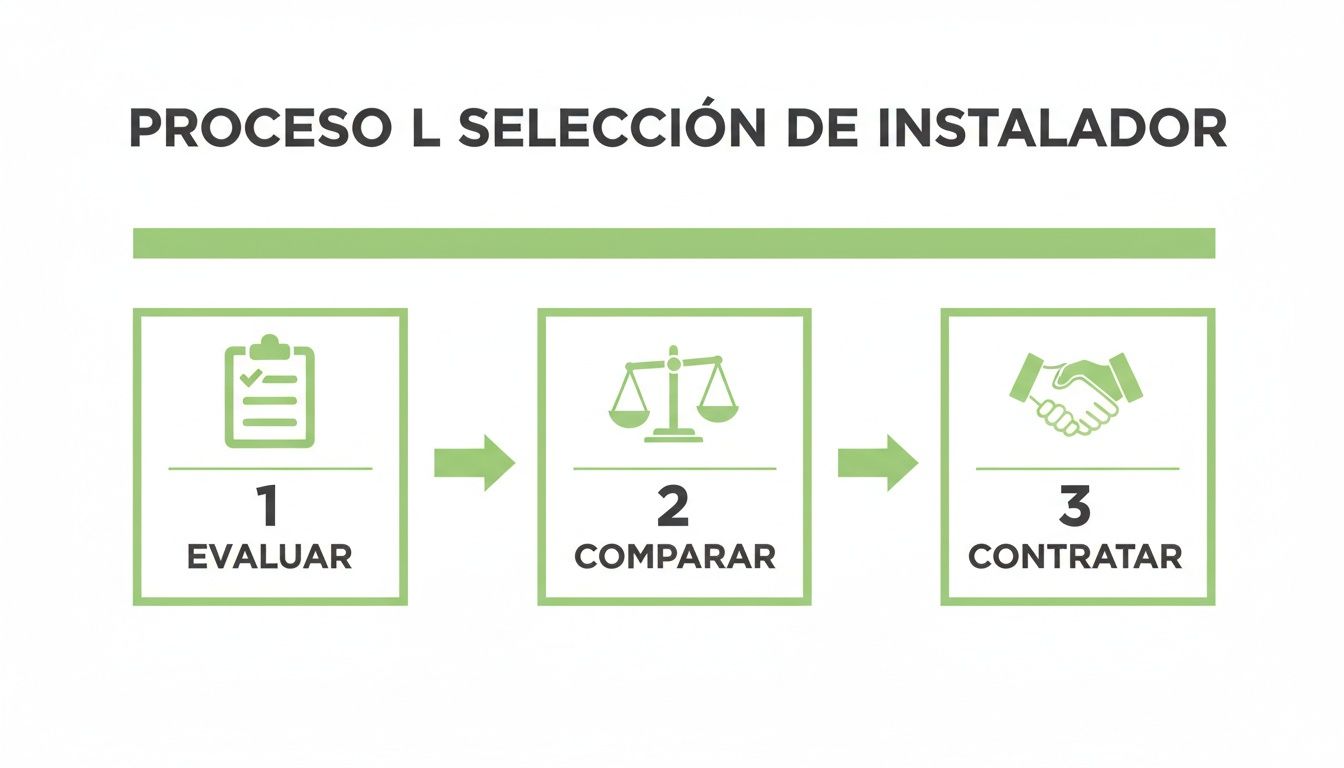 Diagrama del proceso de selección de instaladores con tres pasos clave: evaluar, comparar y contratar.