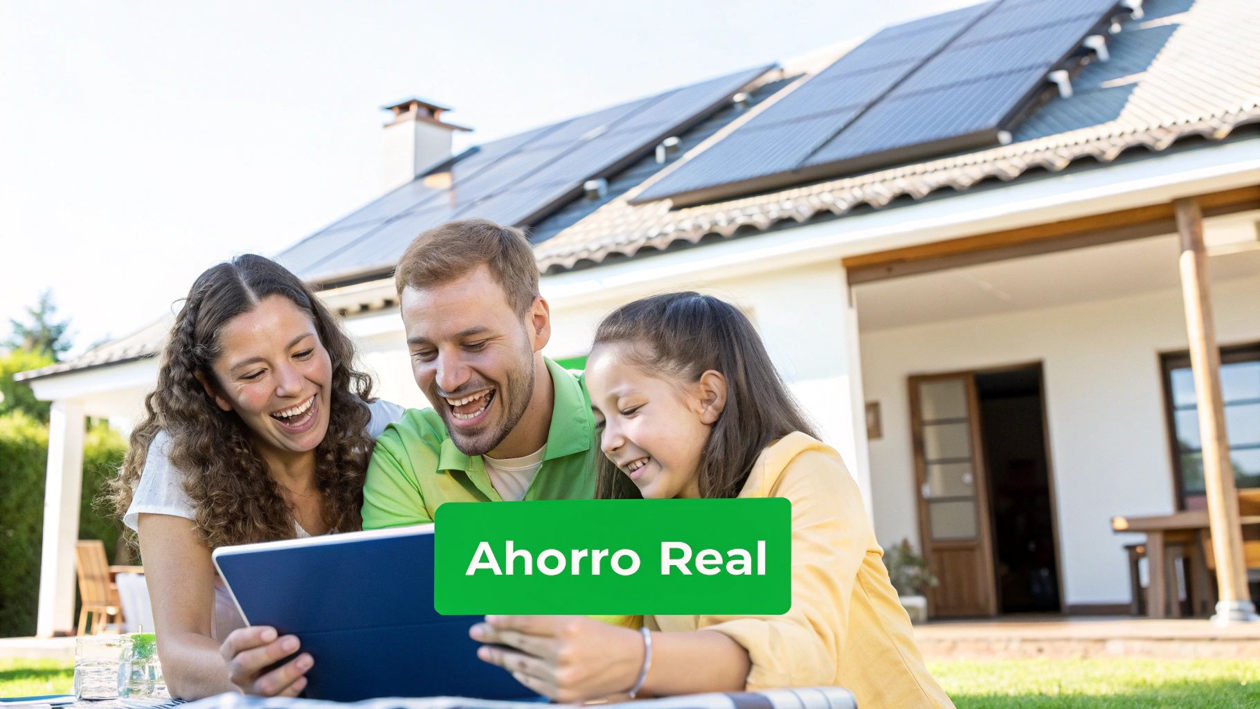 Familia feliz mirando una tablet frente a su casa con paneles solares, simbolizando ahorro real.
