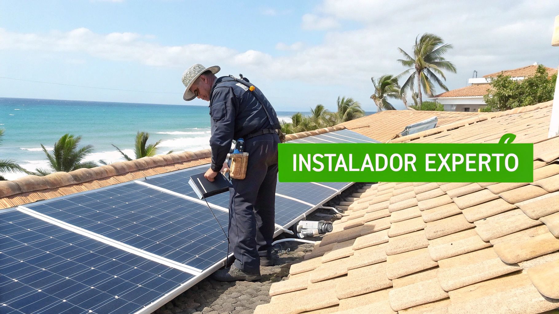 Instalador experto de paneles solares trabajando en un tejado con vista al mar y palmeras.