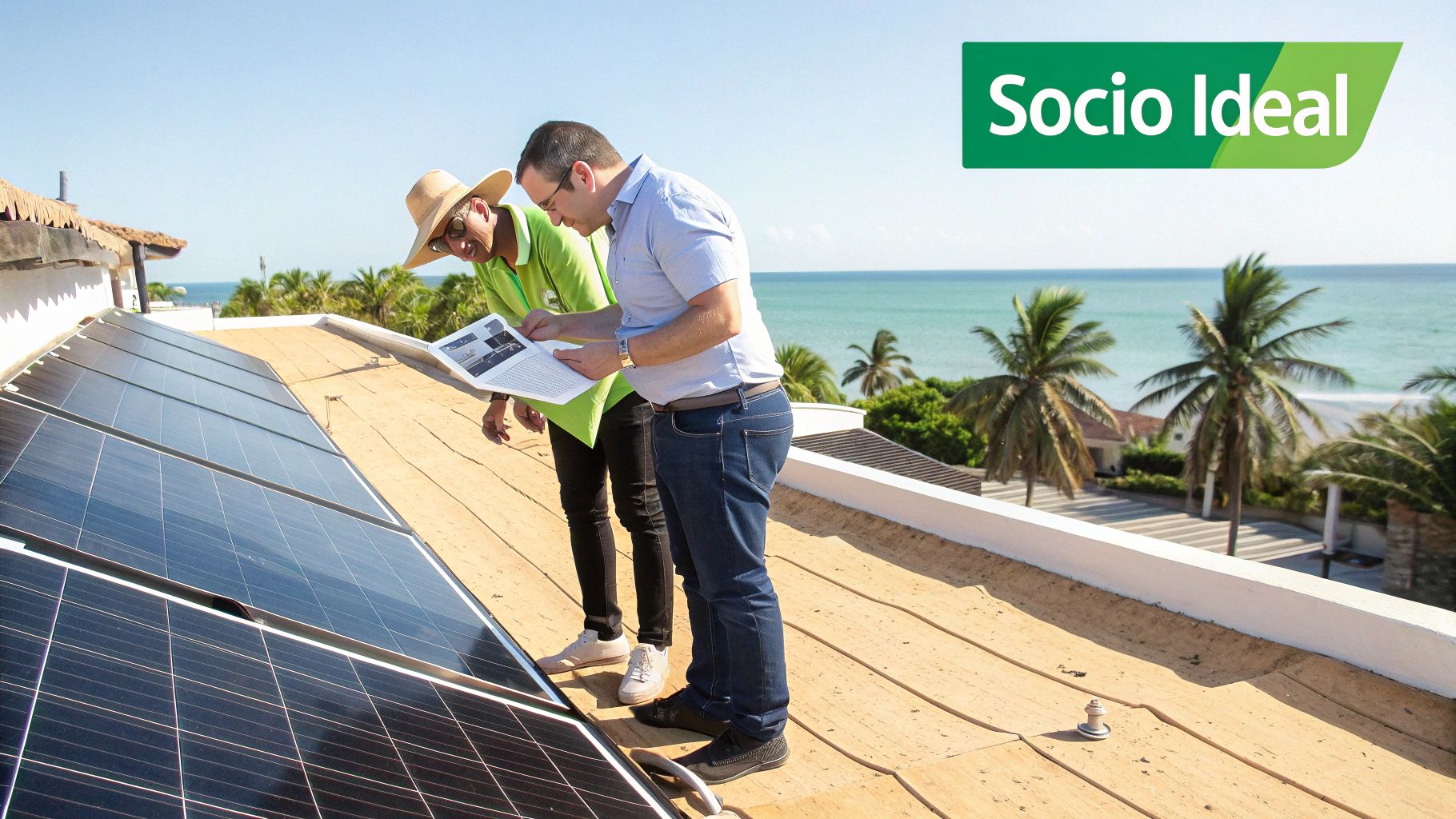 Hombres en un techo con paneles solares, revisando un folleto, con vista al mar y palmeras.