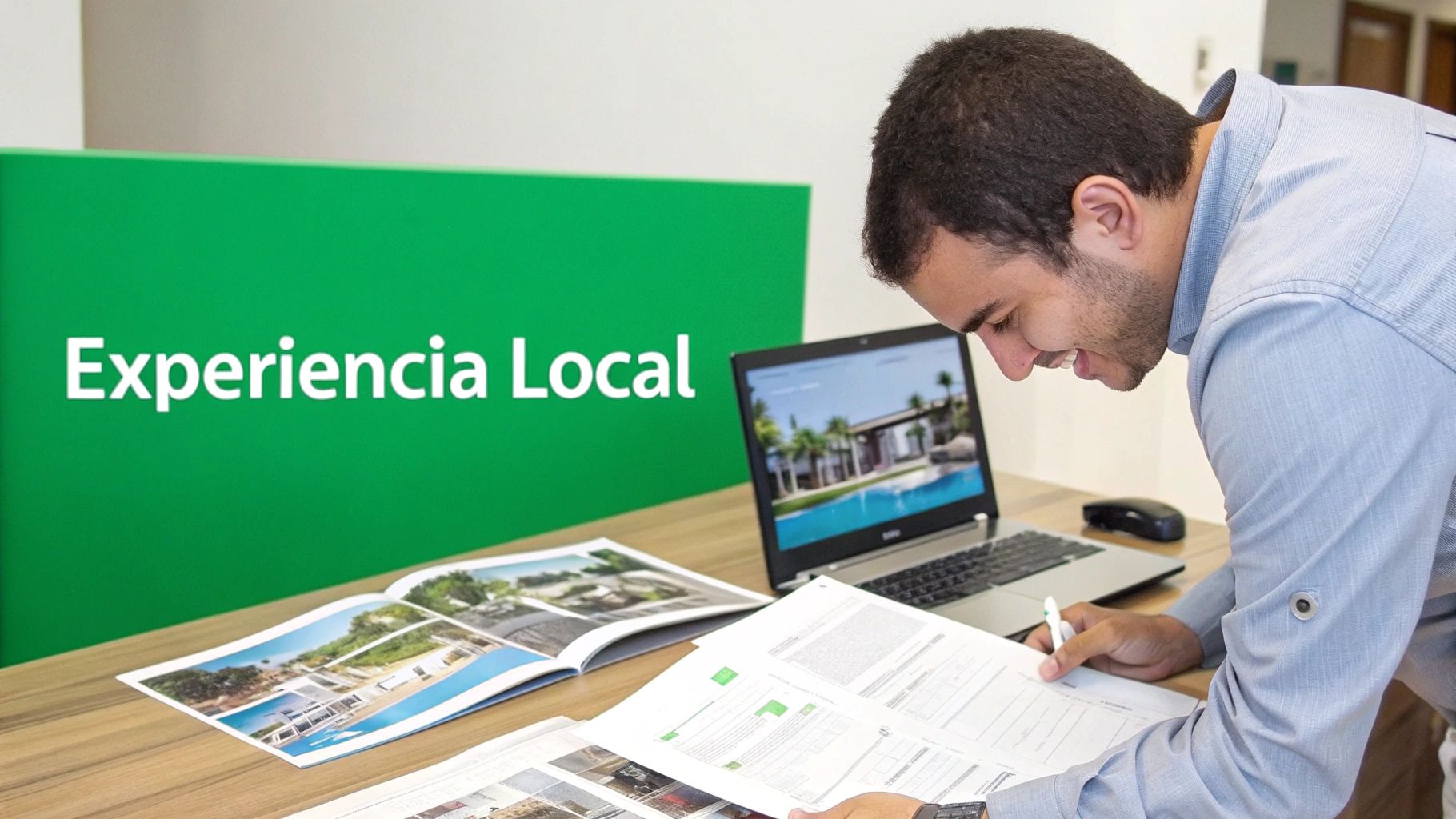 Hombre sonriente revisando documentos y laptop con propiedades de lujo, destacando 'Experiencia Local'.