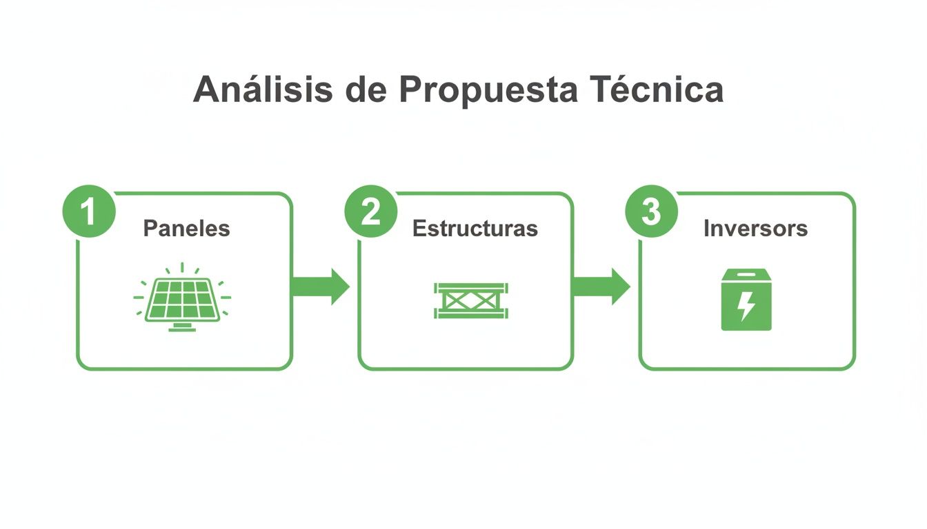 Análisis de propuesta técnica para sistemas solares: paneles, estructuras e inversores, paso a paso.