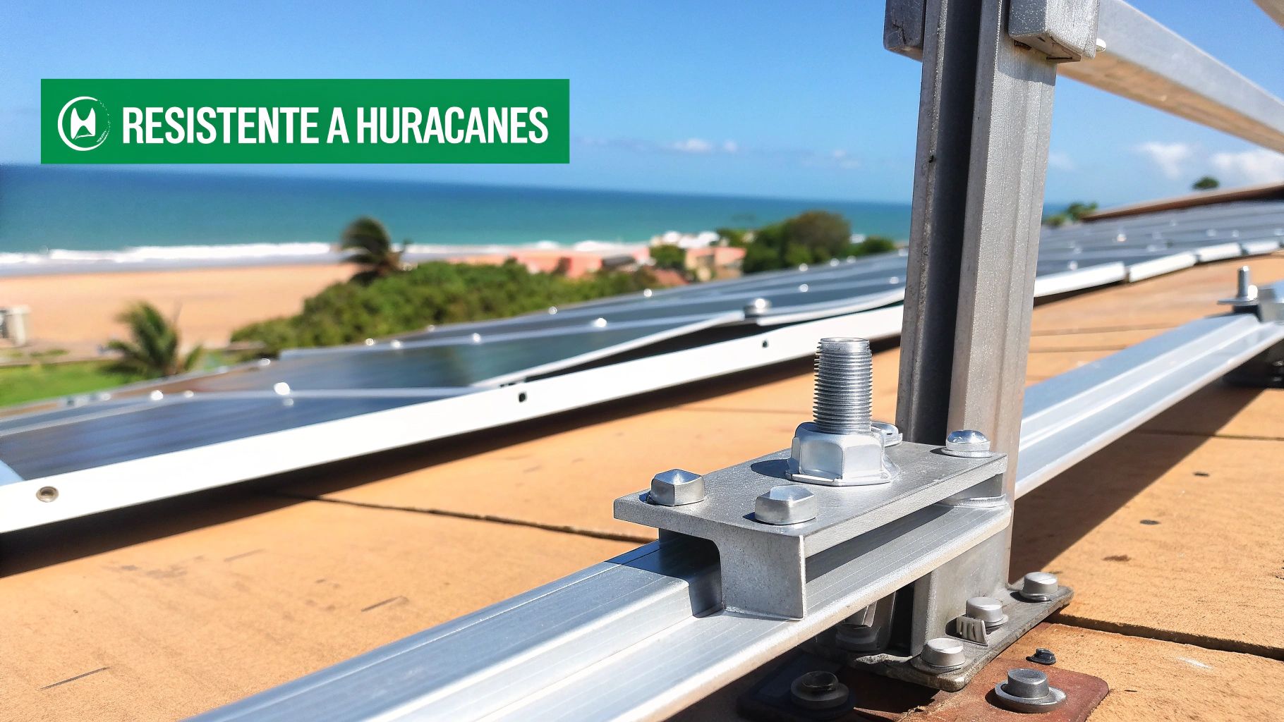 Paneles solares resistentes a huracanes instalados en un tejado con vistas al mar, mostrando su infraestructura de montaje.