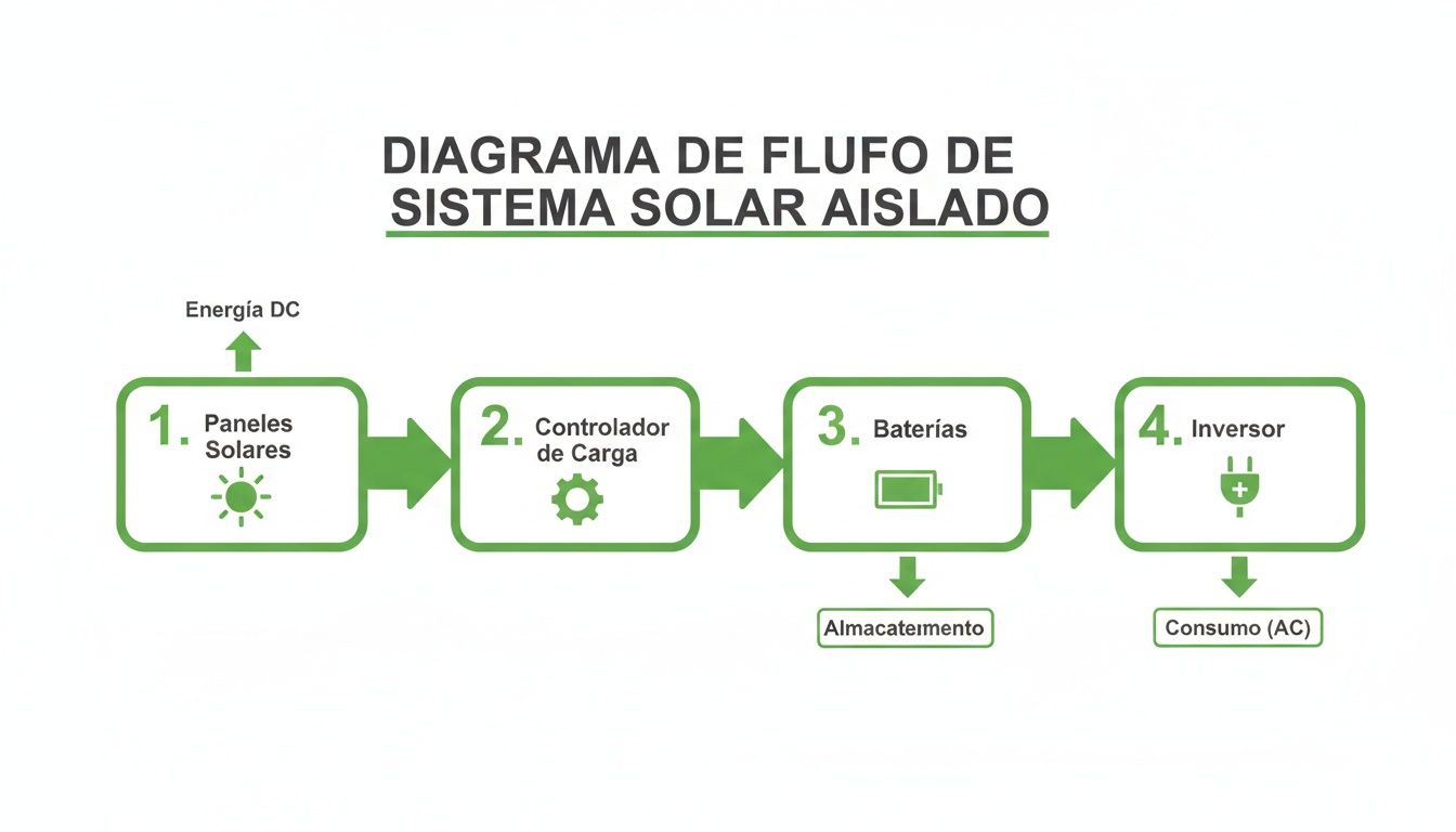 Diagrama de flujo de sistema solar aislado: Paneles, controlador de carga, baterías y inversor para energía DC y AC.