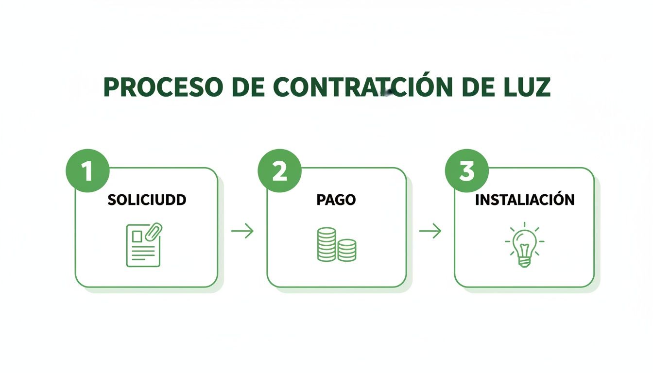 Infografía que ilustra el proceso de contratación de luz en tres pasos: solicitud, pago e instalación.