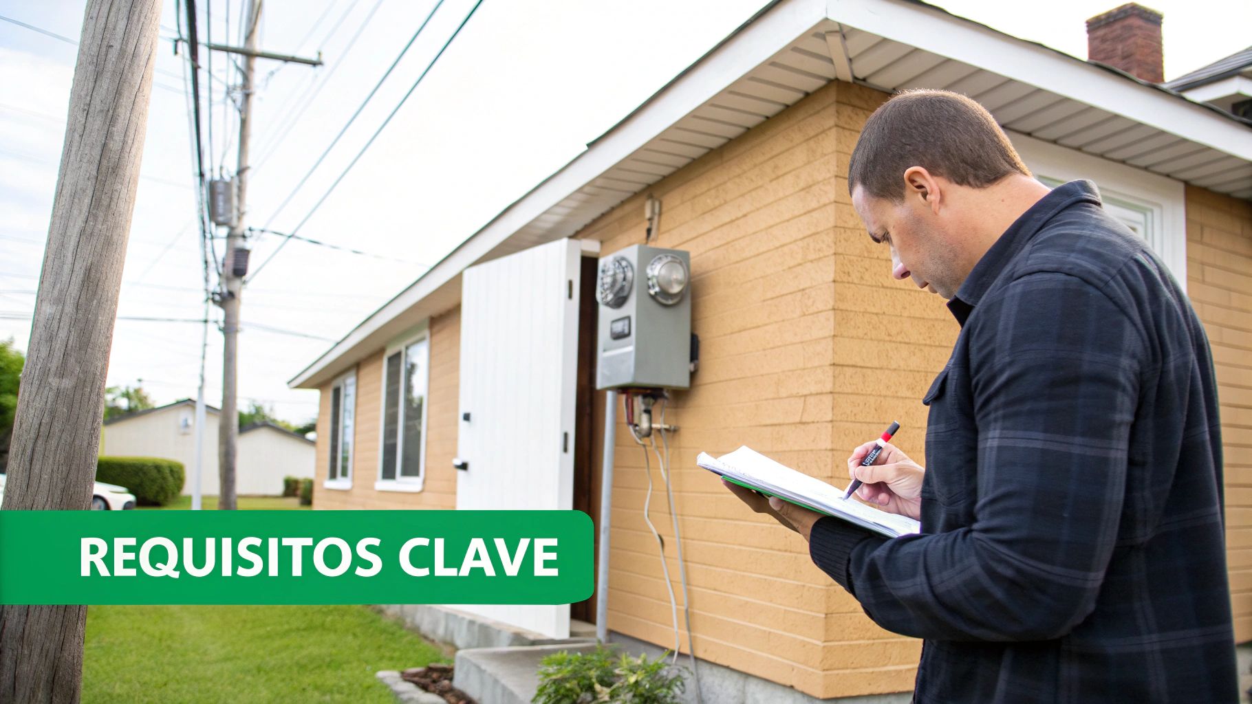 Un hombre en camisa a cuadros inspecciona un medidor de electricidad en el exterior de una casa, tomando notas.