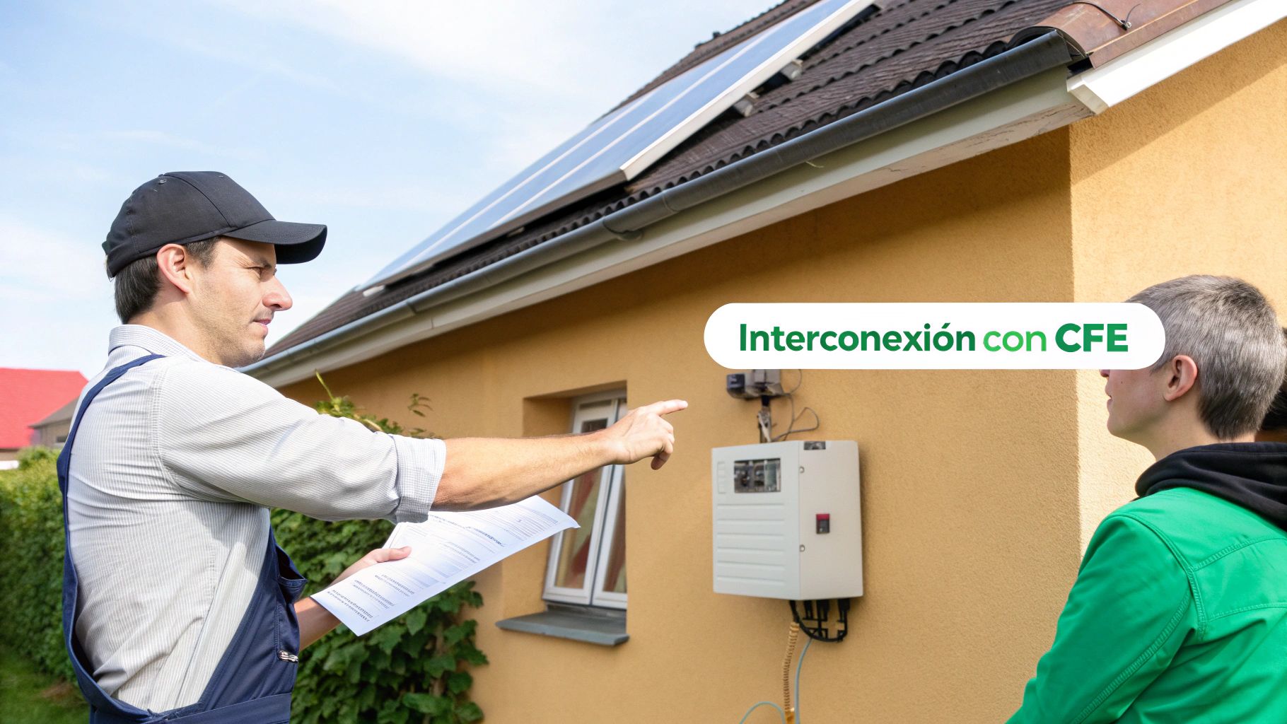 Experto en energía solar explica la interconexión de paneles solares con CFE en una vivienda.