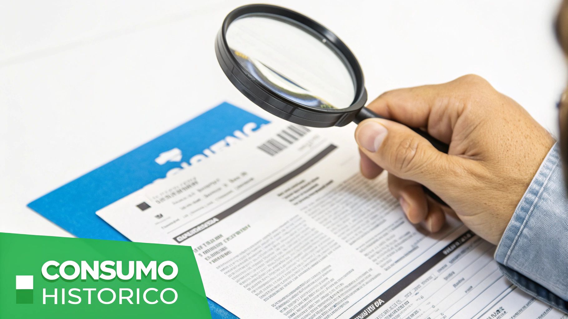 Persona examinando un documento o factura con una lupa, destacando el texto 'Consumo Histórico'.