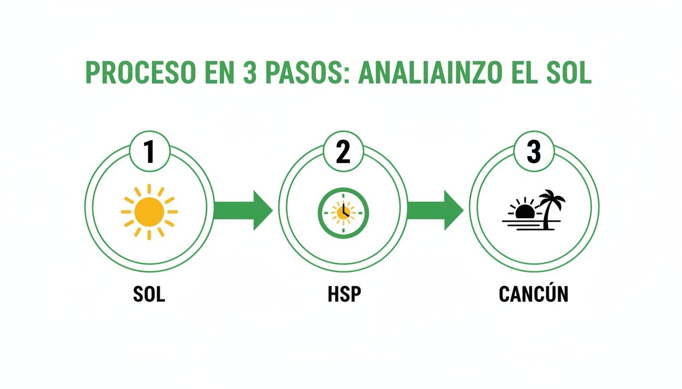 Diagrama de flujo de 3 pasos para analizar la energía solar, desde el sol hasta su aplicación en Cancún.