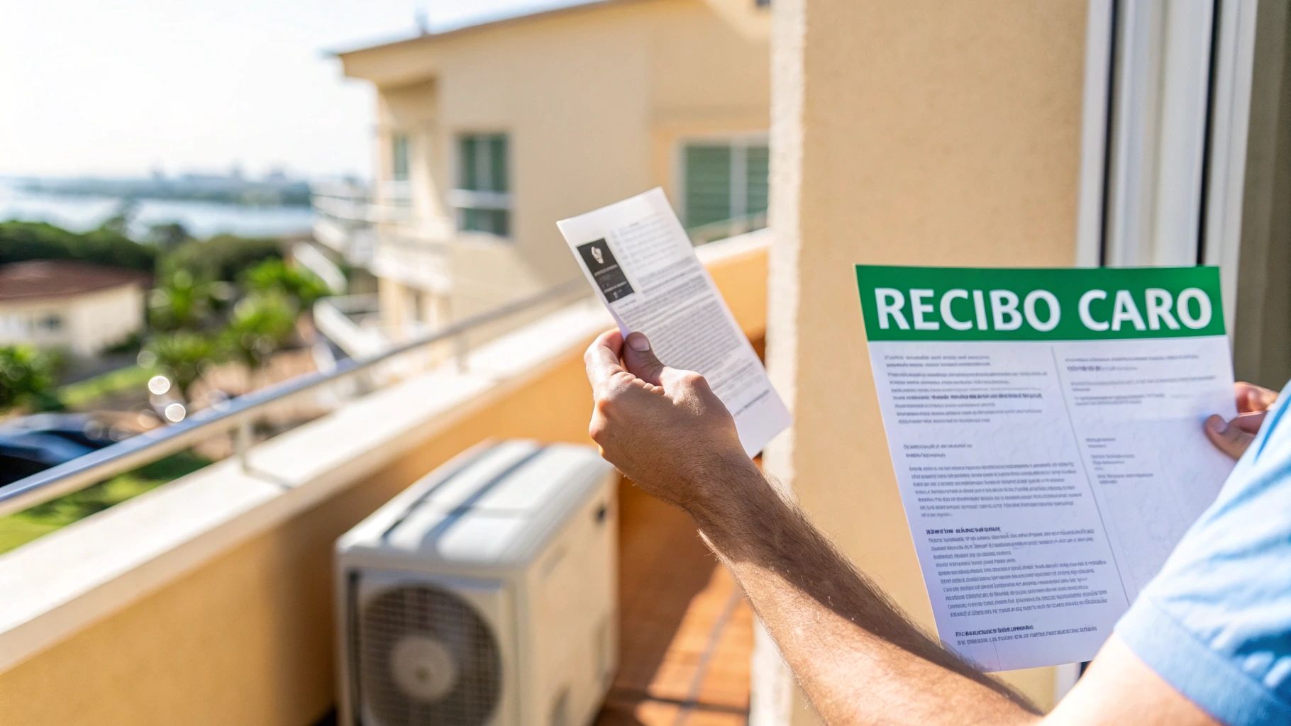 Un hombre sostiene un recibo caro de energía eléctrica en un balcón, con un aire acondicionado.