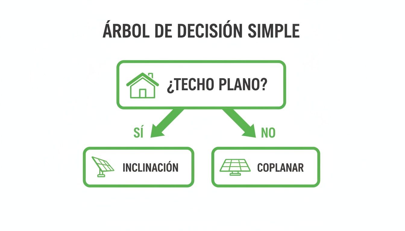 Árabbol de decisión simple para instalación de paneles solares, indicando inclinación para techos planos y coplanar para otros.