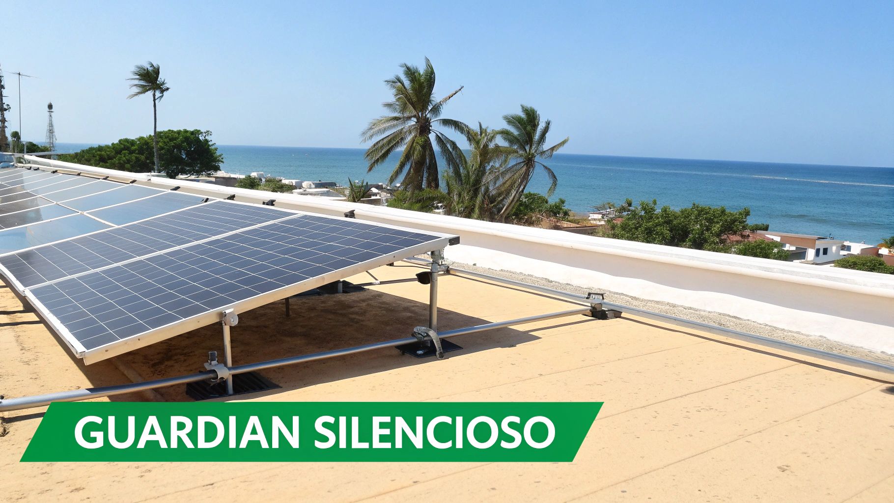 Paneles solares instalados en una azotea con vista al mar y palmeras bajo el cielo azul.