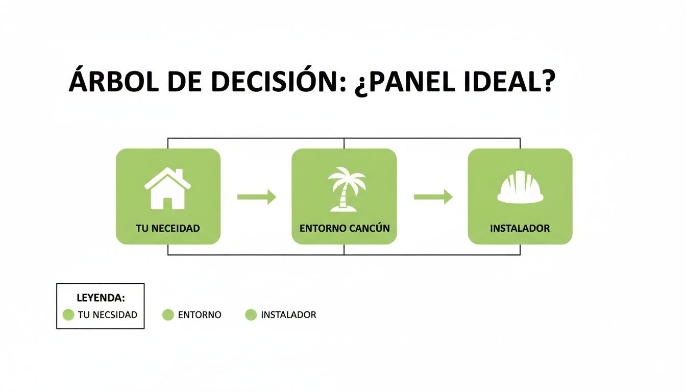 Diagrama de árbol de decisión para elegir el panel solar ideal, considerando tu necesidad, el entorno de Cancún y el instalador.